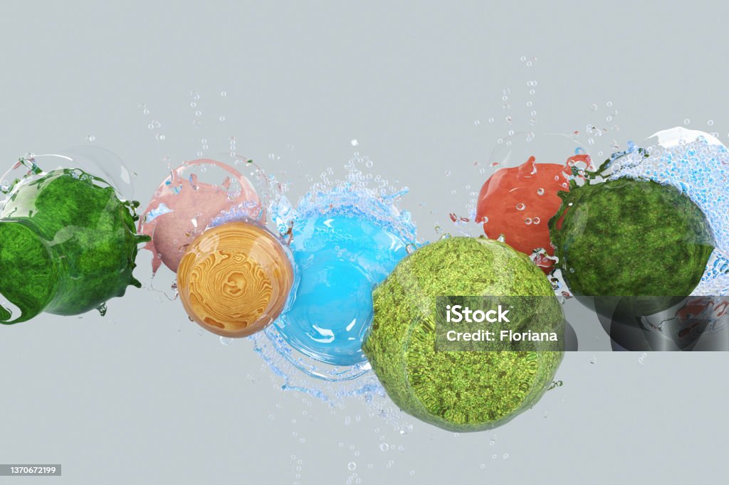 Clean water Splashing  water on abstract elements,  sphere shaped, differently textured, CGI and photography combined. Sustainable Development Goals Stock Photo