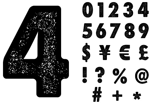 Numbers And Punctuation Marks Vector Illustration Like Stamped With Seal. Distressed Press Effect. Grunge Technic.