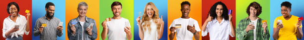 istock Set of excited multicultural people using cellphone and credit card 1370672528