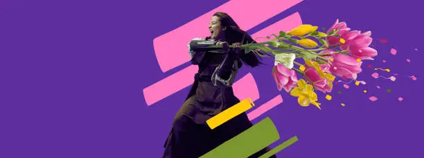 Women's rights, feminism. Contemporary art collage. Idea, inspiration, aspiration and creativity. Brutal medieval knight with flowers on bright neon background. Concept of love, comparison of eras