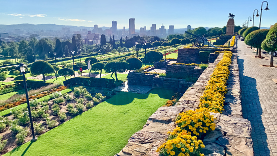 Pretoria, South Africa, 14th December - 2021: Gardens at union buildings with view towards city centre.