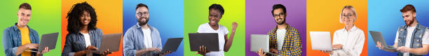 istock Multiethnic Young People With Laptop Computers Posing Over Colorful Studio Backgrounds 1370674100