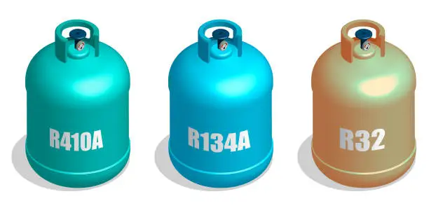 Vector illustration of Refrigerant. Isometric Balon, container with coolant. Liquid nitrogen, freon. Filling air conditioners and refrigerators with refrigerant. Realistic 3D Vector isolated on white background