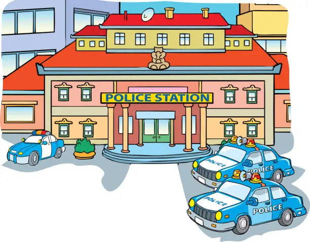 Vector illustration of The building of the police station with official transport.