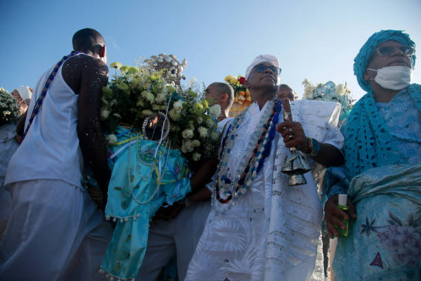 salvador, bahia, brazil - february 2, 2022: Candomble devotees and supporters of the African matriaz religion pay tribute to the orixa Yemanja in the city of Salvador.