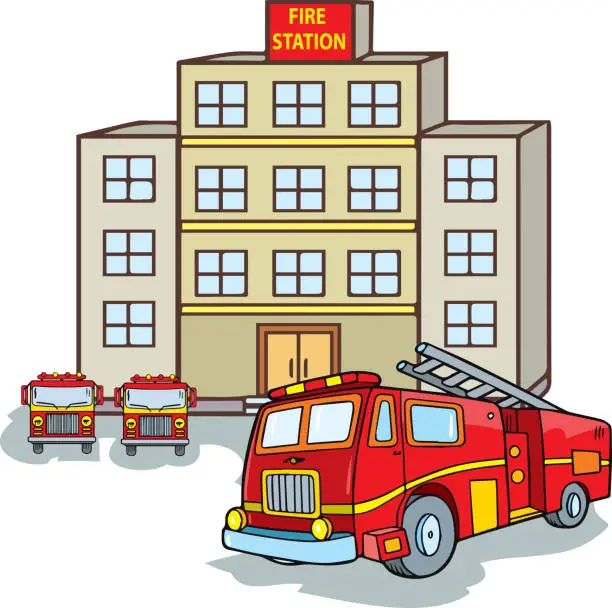 Vector illustration of The building of the fire station with official transport.