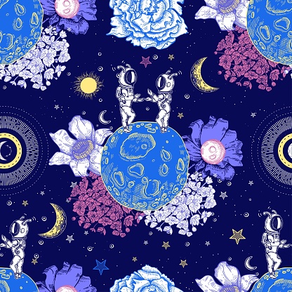 Two astronauts, planets and flowers. Seamless pattern. Space illustration. Surrealism.