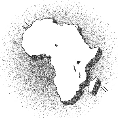 Map of Africa draw with the stippling technique. Beautiful and trendy illustration created only with dots and isolated on a blank background. White map with dotted black outline and dark shadow. White background with a stippled circular gradient. (colors used: black and white). Vector Illustration (EPS10, well layered and grouped). Easy to edit, manipulate, resize or colorize. Vector and Jpeg file of different sizes.