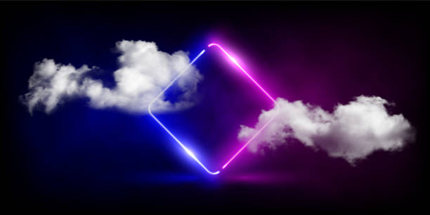 ilustrações de stock, clip art, desenhos animados e ícones de neon rhombus frame with soft clouds and glow light effect vector illustration. abstract electric pink and blue border shine in sky, glowing magic portal to future with ripples on dark background. - soft pink flash