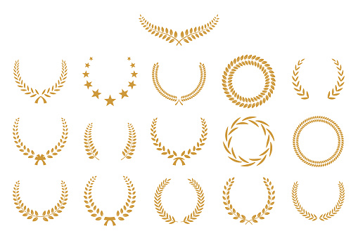 Gold laurel wreath, winner award set vector illustration. Golden branch of olive leaves or stars of victory symbol, insignia emblem decoration design, triumph honor champion prize isolated on white
