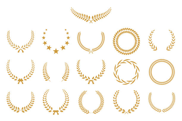 Gold laurel wreath, winner award set, branch of olive leaves or stars of victory symbol Gold laurel wreath, winner award set vector illustration. Golden branch of olive leaves or stars of victory symbol, insignia emblem decoration design, triumph honor champion prize isolated on white insignia stock illustrations