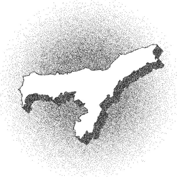 Stippled Assam map - Stippling Art - Dotwork - Dotted style Map of Assam draw with the stippling technique. Beautiful and trendy illustration created only with dots and isolated on a blank background. White map with dotted black outline and dark shadow. White background with a stippled circular gradient. (colors used: black and white). Vector Illustration (EPS10, well layered and grouped). Easy to edit, manipulate, resize or colorize. Vector and Jpeg file of different sizes. assam stock illustrations