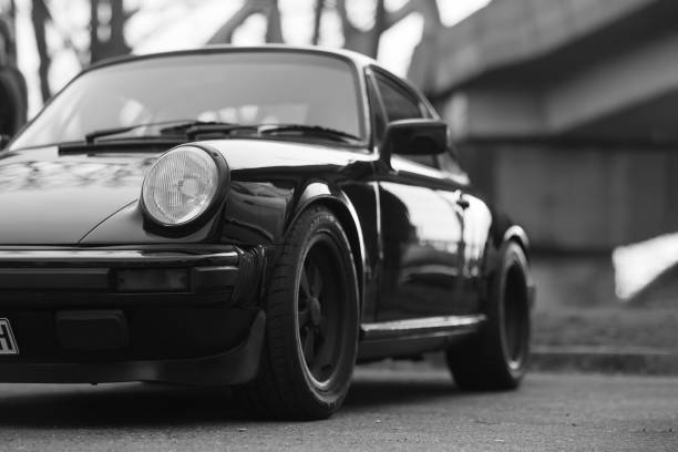 Hamburg, Germany Februar 13.  2021: Parked black Porsche 911, in Hamburg - Germany. Black and white image