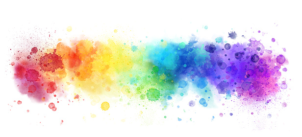 Rainbow watercolor banner background on white. Pure vibrant watercolor colors. Creative paint gradients, splashes and stains. Abstract creative design background.