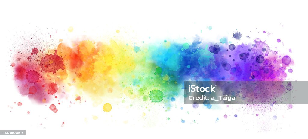 Happy Rainbow watercolor banner background on white. Pure vibrant watercolor colors. Creative paint gradients, splashes and stains. Abstract creative design background. Rainbow watercolor banner background on white. Pure vibrant watercolor colors. Creative paint gradients, splashes and stains. Abstract creative design background. Paint Stock Photo