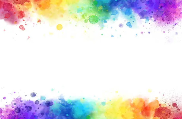Photo of Rainbow watercolor frame  background on white. Pure vibrant watercolor colors. Creative paint gradients, splashes and stains. Abstract creative design frame