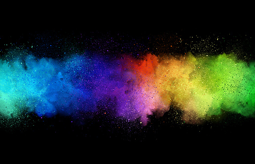 Neon Rainbow watercolor banner background on black. Pure neon watercolor colors. Creative paint gradients, fluids, splashes and stains. Abstract creative design background.