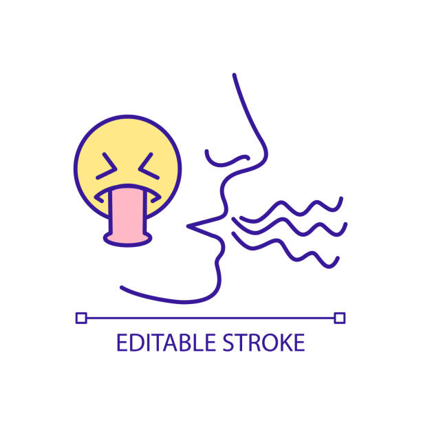 Bad breath from mouth RGB color icon Bad breath from mouth RGB color icon. Gum disease symptom. Poor oral hygiene. Bacteria accumulation. Isolated vector illustration. Simple filled line drawing. Editable stroke. Arial font used clip art of a yuck mouth stock illustrations