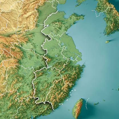 3D Render of a Topographic Map of the East China region. Version with Country Boundaries.\nAll source data is in the public domain.\nColor texture: Made with Natural Earth. \nhttp://www.naturalearthdata.com/downloads/10m-raster-data/10m-cross-blend-hypso/\nRelief texture: GMTED2010 data courtesy of USGS. URL of source image: https://topotools.cr.usgs.gov/gmted_viewer/viewer.htm \nWater texture: SRTM Water Body SWDB:\nhttps://dds.cr.usgs.gov/srtm/version2_1/SWBD/\nBoundaries Level 0: Humanitarian Information Unit HIU, U.S. Department of State (database: LSIB)\nhttp://geonode.state.gov/layers/geonode%3ALSIB7a_Gen\nBoundaries Level 1: Made with Natural Earth.\nhttps://www.naturalearthdata.com/downloads/10m-cultural-vectors/