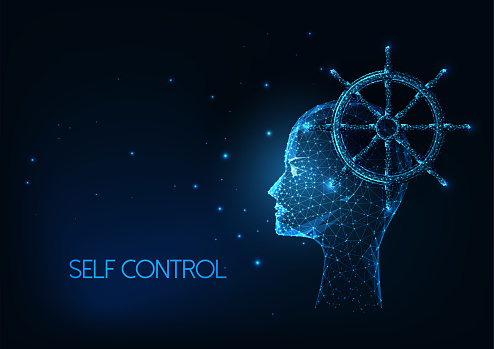 Futuristic self control concept with glowing low polygonal human head and ship wheel isolated on dark blue background. Modern wire frame mesh design vector illustration.