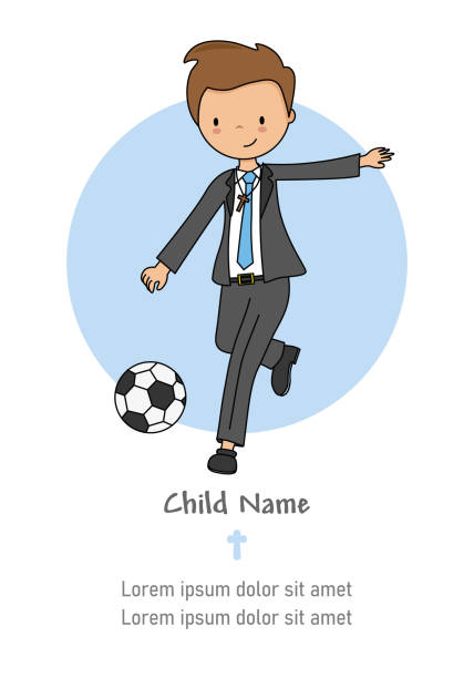 ilustraciones, imágenes clip art, dibujos animados e iconos de stock de mi tarjeta de primera comunión. niño jugando al fútbol - eucaristia