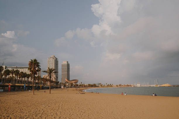 Barcelona, Spain- October 3, 2021: Barceloneta beach in Barcelona