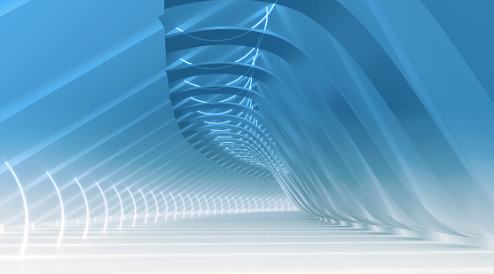 Abstract futuristic tunnel covered by a series of arches and curves, looking like waves, bending at the bottom, illuminated by bright circular neon lights. Aqua hues and blue color over a white reflecting floor.
