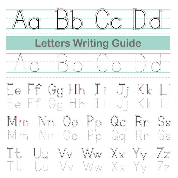 ilustraciones, imágenes clip art, dibujos animados e iconos de stock de guía de redacción de cartas. trazando cartas. letras mayúsculas y minúsculas alfabeto inglés - practicing