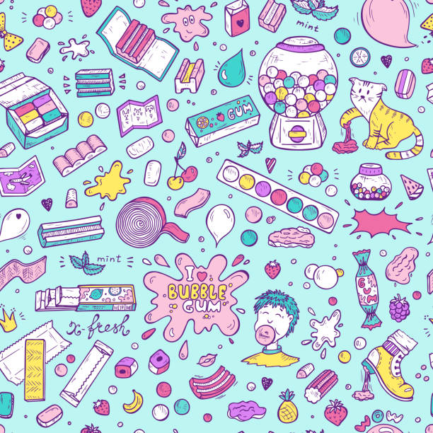 bubble gum 90s bunter hintergrund. handgezeichnete doodle kaugummis nahtloses muster. helle retro-farben vektorillustration - kaugummiautomat stock-grafiken, -clipart, -cartoons und -symbole