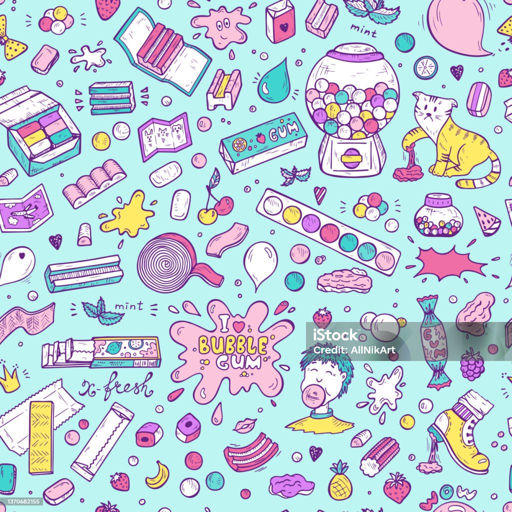 Bubble Gum 90s Nền Đầy Màu Sắc Vẽ Tay Doodle Nhai Kẹo Cao Su Mô ...