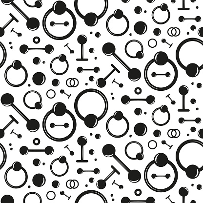 International piercing day. Vector Seamless pattern with body jewelry: Ring, barbell, labret.
