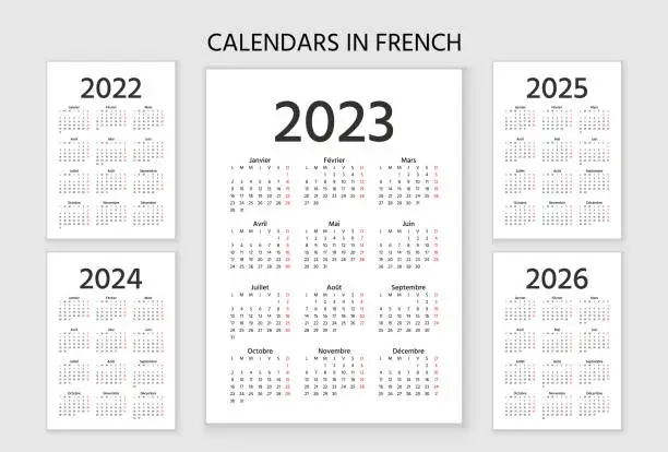 Vector illustration of French Calendar 2023, 2024, 2025, 2026, 2022 years. Vector illustration. Template planner.