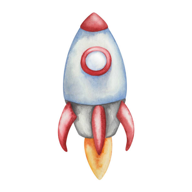 istock Watercolor illustration of hand painted rocket flying in the space. Spaceship in blue, red, grey colors. Spacecraft with fire 1370682885