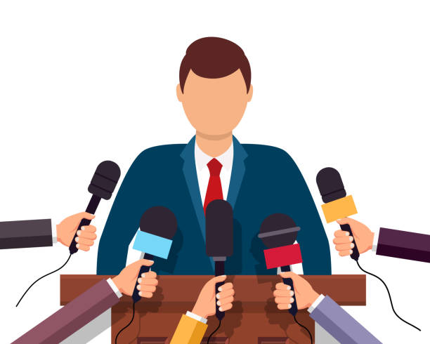 istock Press conference interview. Microphone of media journalist on press conference. Tv reporter on politics news. Hands holding microphones for man on reportage. Social, politician, business news. Vector 1370684109