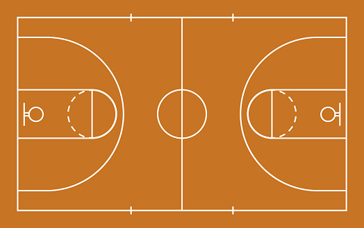 Basketball court. Basketball court floor with white lines. Mockup of basket ball field. Texture for sport gym. Top view of parquet for game. Vector.