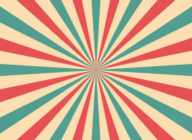Vector illustration of Retro circus stripe background. Vintage circus stripes background. Starburst poster. Carnival wallpaper with sunburst and sunlight. Radial pattern with sunbeam. Vector