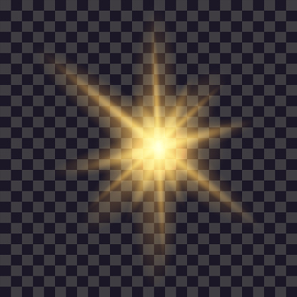 Flare light. Glare golden lens effect isolated on transparent background. Bright spark star, glitter spark of sun or camera. Shining sunlight ray. Magic burst beam. Vector.