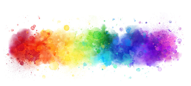 Rainbow watercolor banner background on white. Pure vibrant watercolor colors. Creative paint gradients, splashes and stains. Abstract creative background.