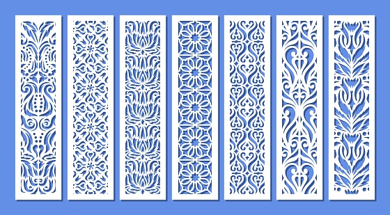 Decorative elements with a floral pattern. Template for plotter laser cutting of paper, metal engraving, wood carving, cnc. Vector illustration.