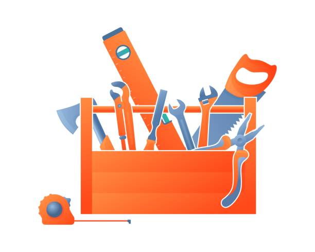 illustrazioni stock, clip art, cartoni animati e icone di tendenza di illustrazione vettoriale cassetta degli attrezzi in legno con strumenti all'interno isolati su sfondo bianco. toolkit pieno di attrezzature vettoriale icona in stile cartone animato piatto. utensili manuali per la manutenzione e la riparazione della casa. - cassetta attrezzi