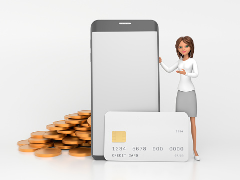 The business girl points to the phone and smiles. The concept of loan approval. 3D Render.
