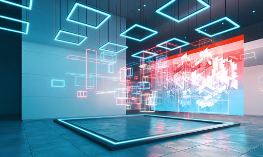 Art gallery showing a digital installation with a bright display and glowing blocks