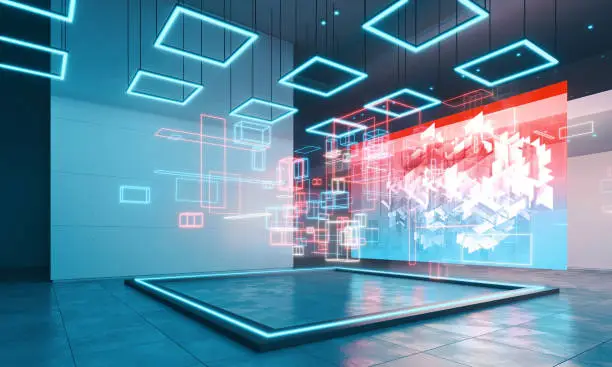 Art gallery illuminated by blue lights exhibiting a large display showing a digital geometric image and an installation made of bright floating blocks illuminating the space with neon colored lights. Abstract concept of digital art, virtual reality, NFT, blockchain.