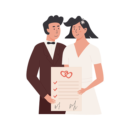 A groom and bride holding signed marriage contract. Happy married couple with prenup document. Newlywed with prenuptial agreement and marriage certificate. Vector illustration isolated on white