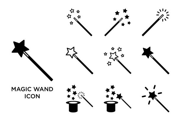 bildbanksillustrationer, clip art samt tecknat material och ikoner med magic wand icon set vector design template simple and clean - trollspö