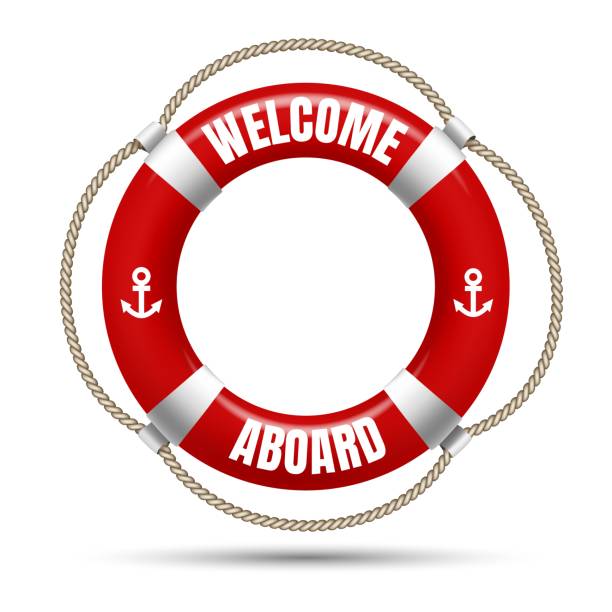 Welcome aboard buoy. 3d cruise boat ship emergency life saver with text, marine sail safety circle, realistic lifebuoy vector illustration