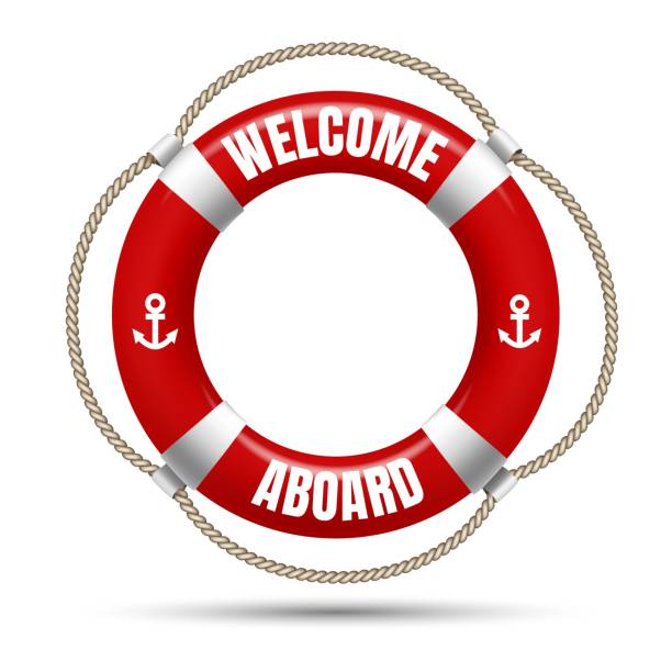 Welcome aboard buoy Welcome aboard buoy. 3d cruise boat ship emergency life saver with text, marine sail safety circle, realistic lifebuoy vector illustration aboard stock illustrations