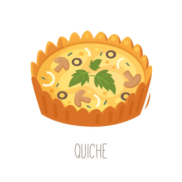 Collection of cakes, pies and desserts for all letters of alphabet. Letter Q - quiche. French tart filled with savoury custard, meat, cheese and vegetables. Collection of cakes, pies and desserts for all letters of alphabet. Letter Q - quiche. French tart filled with savoury custard, meat, cheese and vegetables. Isolated vector illustration. quiche stock illustrations