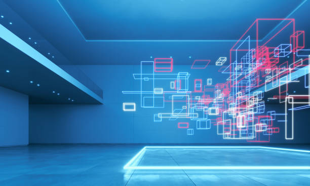 istock Large empty exhibition space with floating glowing blocks simulating a futuristic digital artwork 1370689988