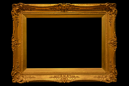 Empty wooden frame in golden with black background horizontal framing